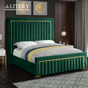 Luxury Bed Modern Velvet High Headboard Emerald Green with Gold Trim King Size Elegant Design for Contemporary Bedroom Decor