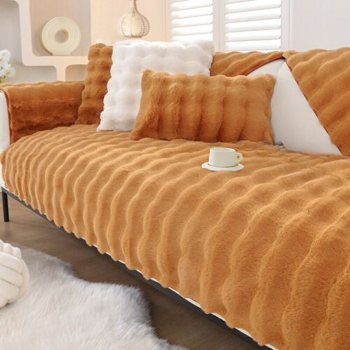 Plush soft rabbit fur l shape seven seat sofa cover set sofa covers for living room