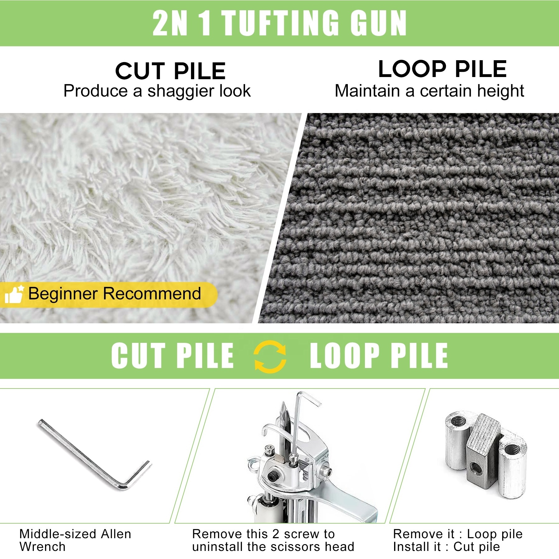 Factory wholesale hand tufting gun carpet tufting gun TD green cut pile loop pile rug tufting gun