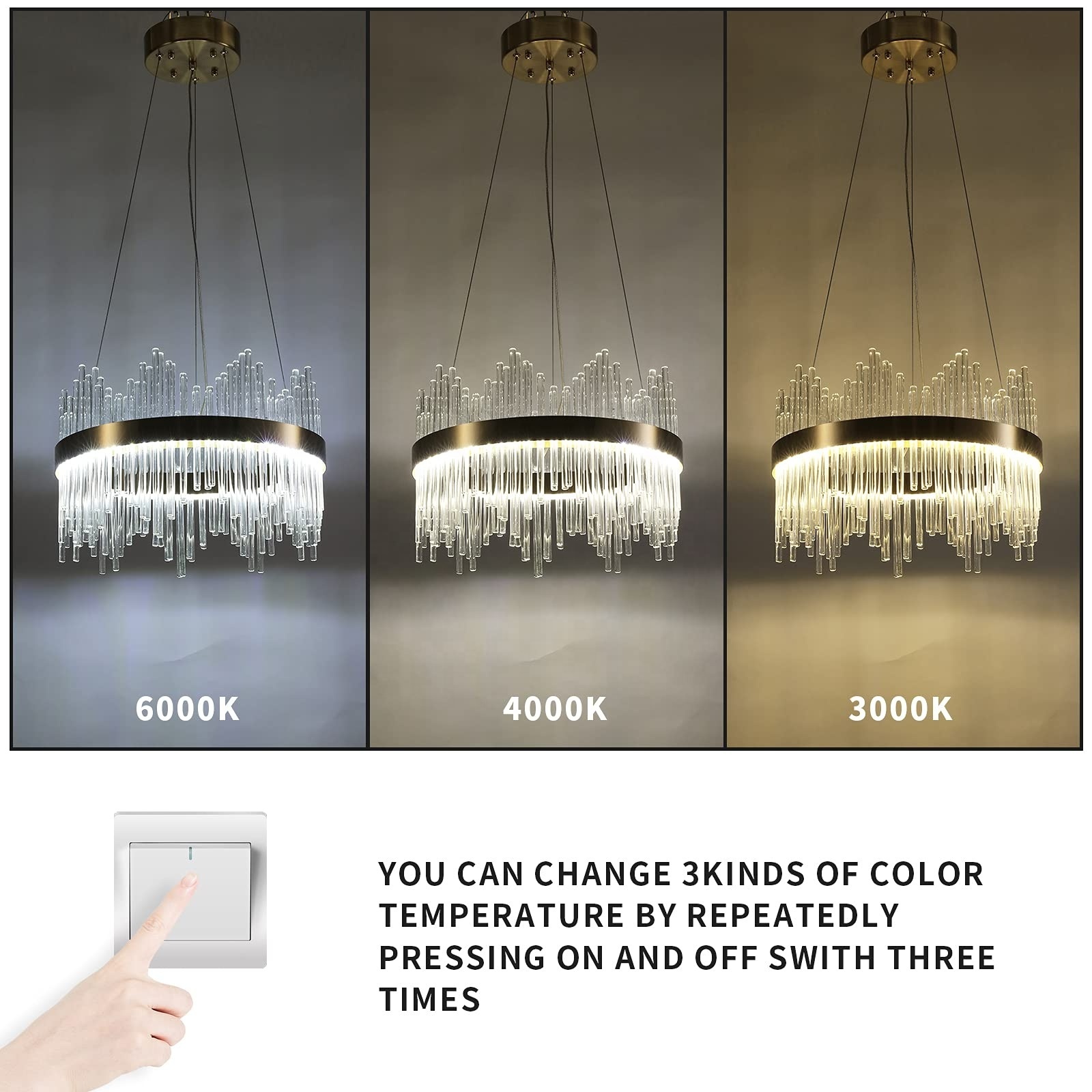 Modern Crystal Chandelier, Round Crystal Gold LED Hanging Ceiling Light, Three Color Temperatures Pendant Lights Fixture for Din