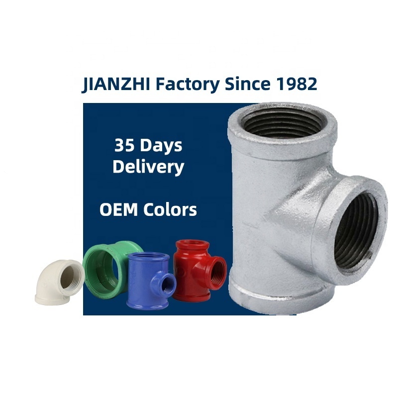 JIANZHI NPT Beaded Hot Dip Galvanized Malleable Cast Iron Pipe Fittings 4 Way 45 90 Degree Elbow GI Black Threaded Equal Tee