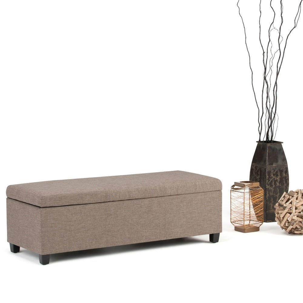 Modern Storage Ottoman With Four Short Wooden Legs Antique Style Fabric Chest Pouf and Footrest