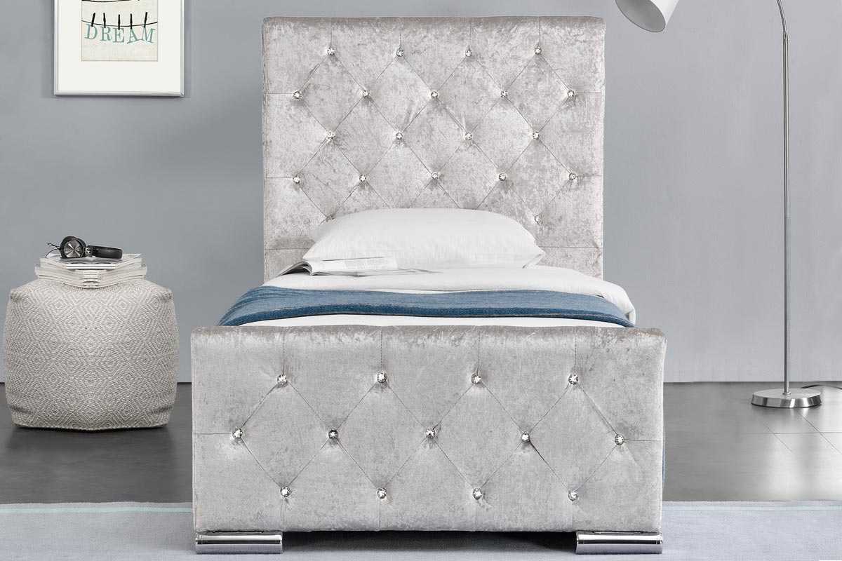 modern diamond crystal king queen size fabric bed button tufted upholstered gray velvet bed