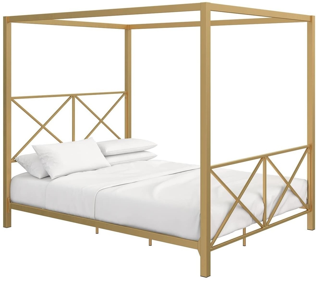 modern design queen size gold canopy bed with sturdy metal slats structure