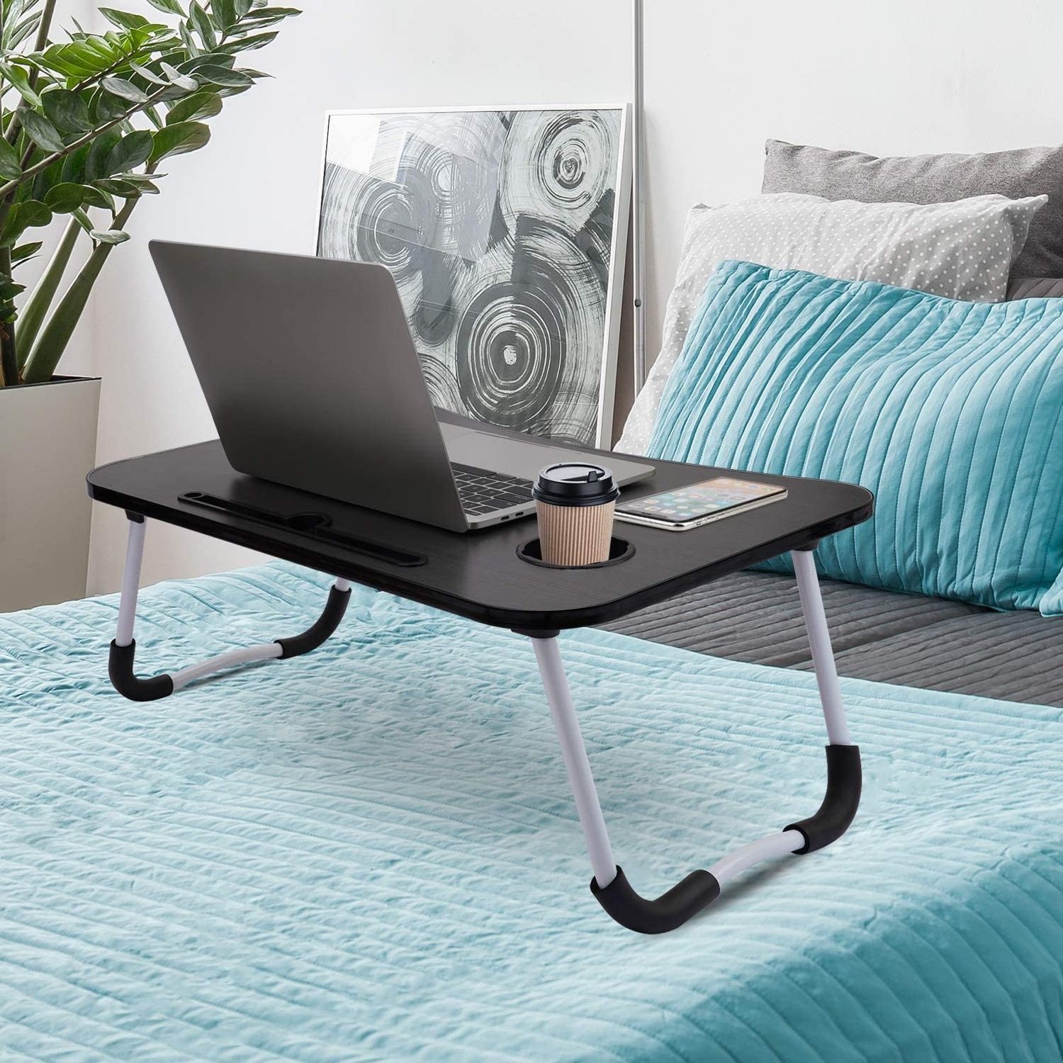 Foldable Laptop Stand Small Dormitory Table Breakfast Serving Bed Tray with Tablet Slots and Cup Holder