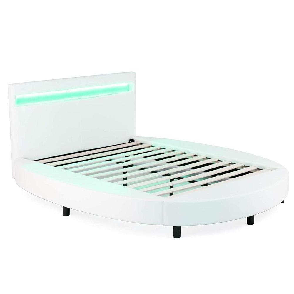 Full Size Modern Upholstered Round Platform Bed with LED Light Headboard Faux Leather Bed Frame led flexible bed light