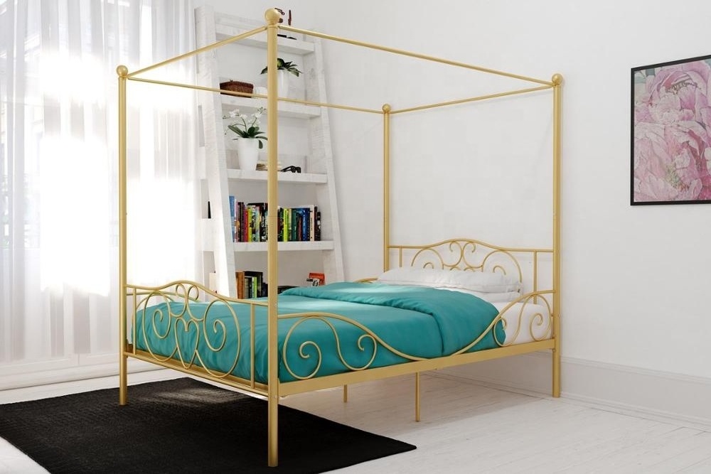 luxury adult metal princess canopy bed gold colour iron bed frame with four poster