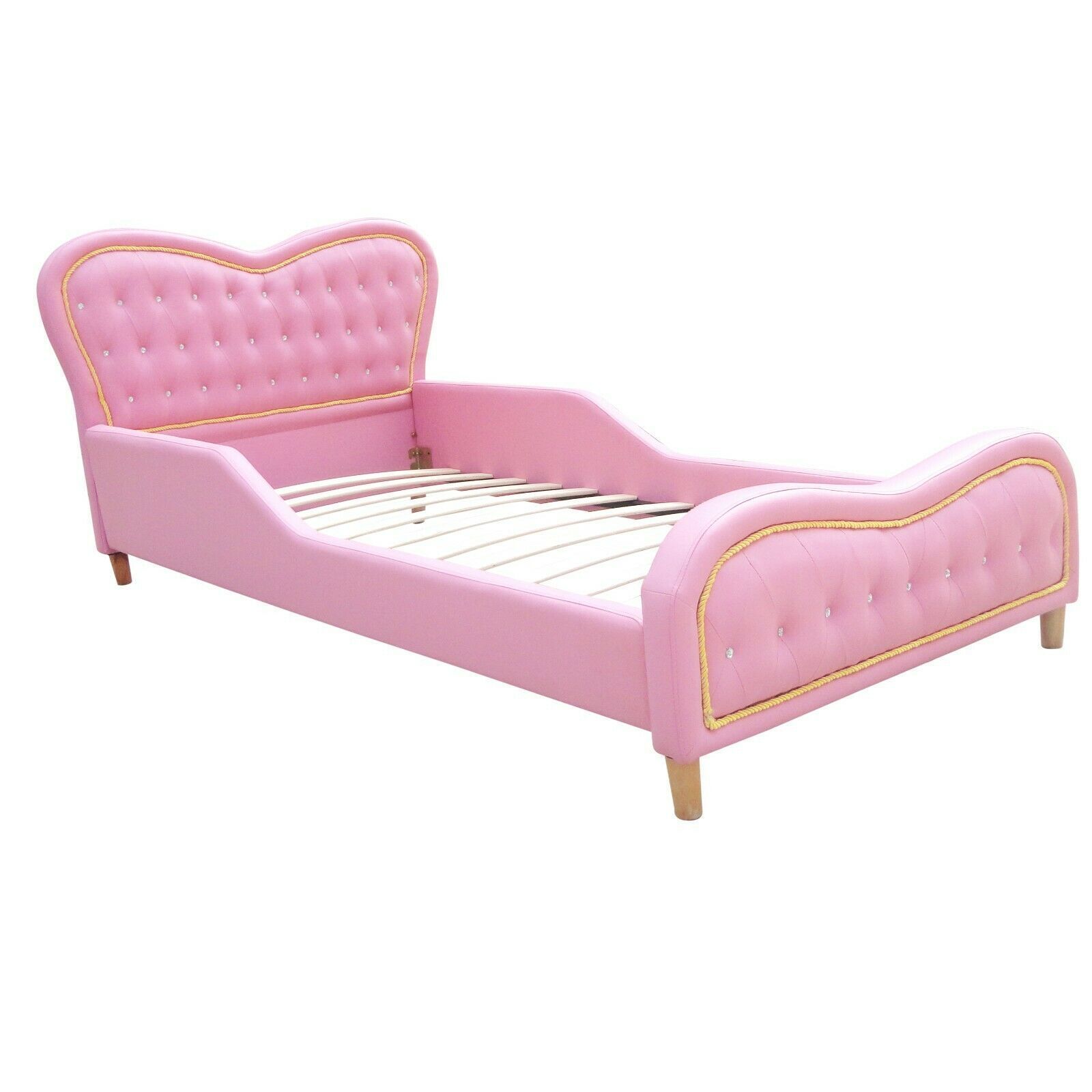 Pink Kids Girls Standard Single PU genuine Leather Diamond Upholstered Bed princess bed