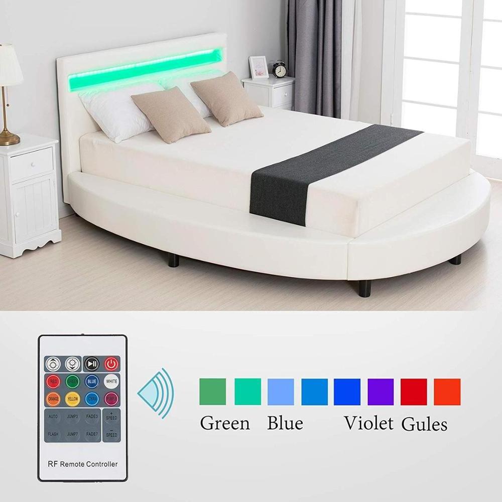 Full Size Modern Upholstered Round Platform Bed with LED Light Headboard Faux Leather Bed Frame led flexible bed light