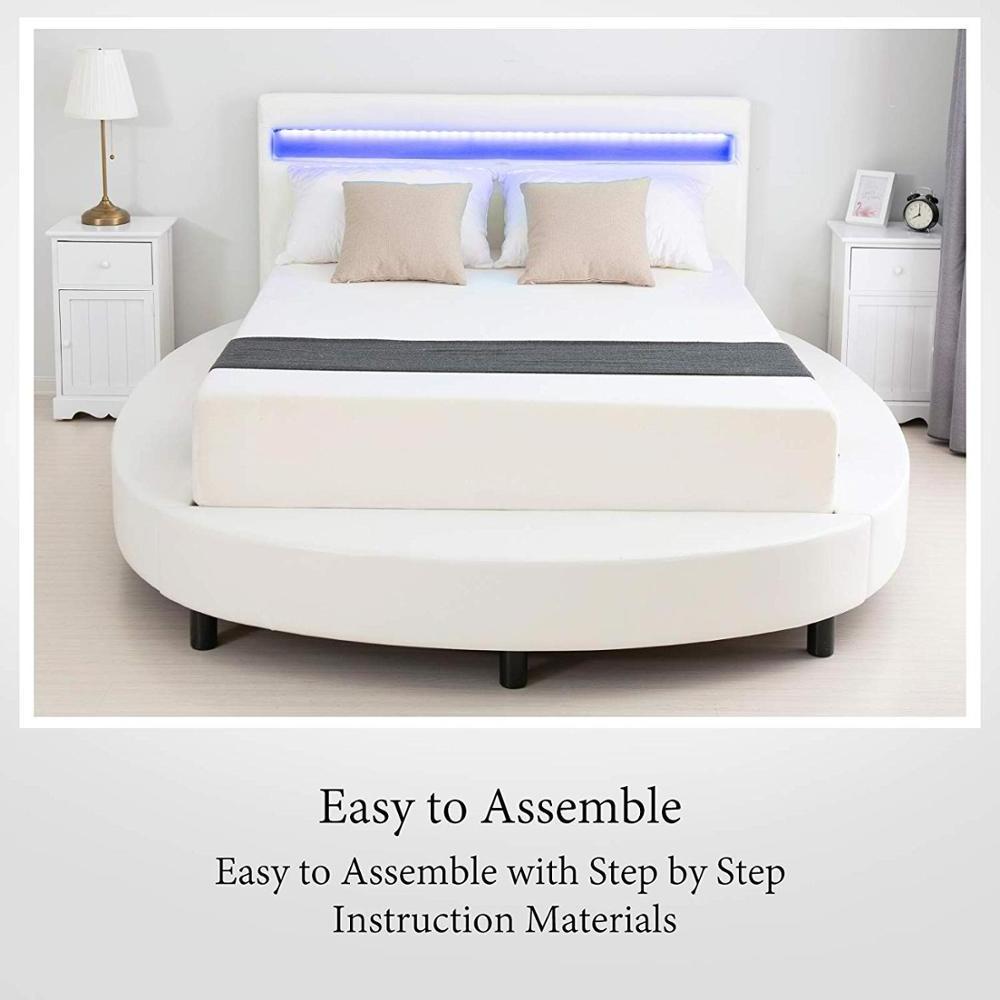 Full Size Modern Upholstered Round Platform Bed with LED Light Headboard Faux Leather Bed Frame led flexible bed light