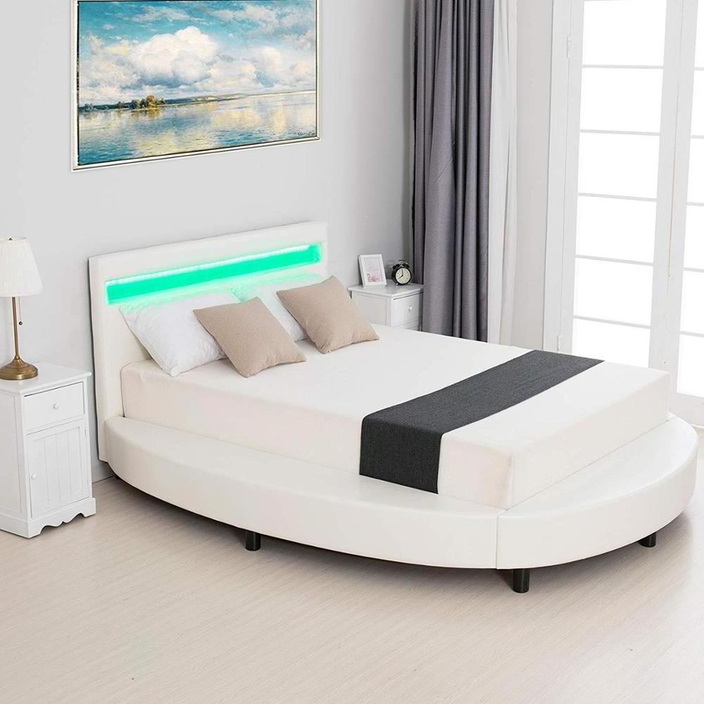 Full Size Modern Upholstered Round Platform Bed with LED Light Headboard Faux Leather Bed Frame led flexible bed light