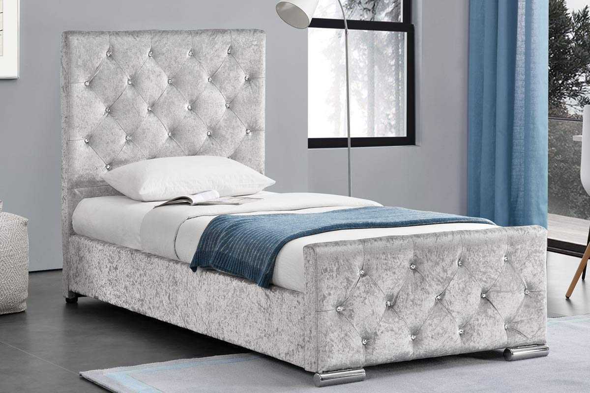 modern diamond crystal king queen size fabric bed button tufted upholstered gray velvet bed