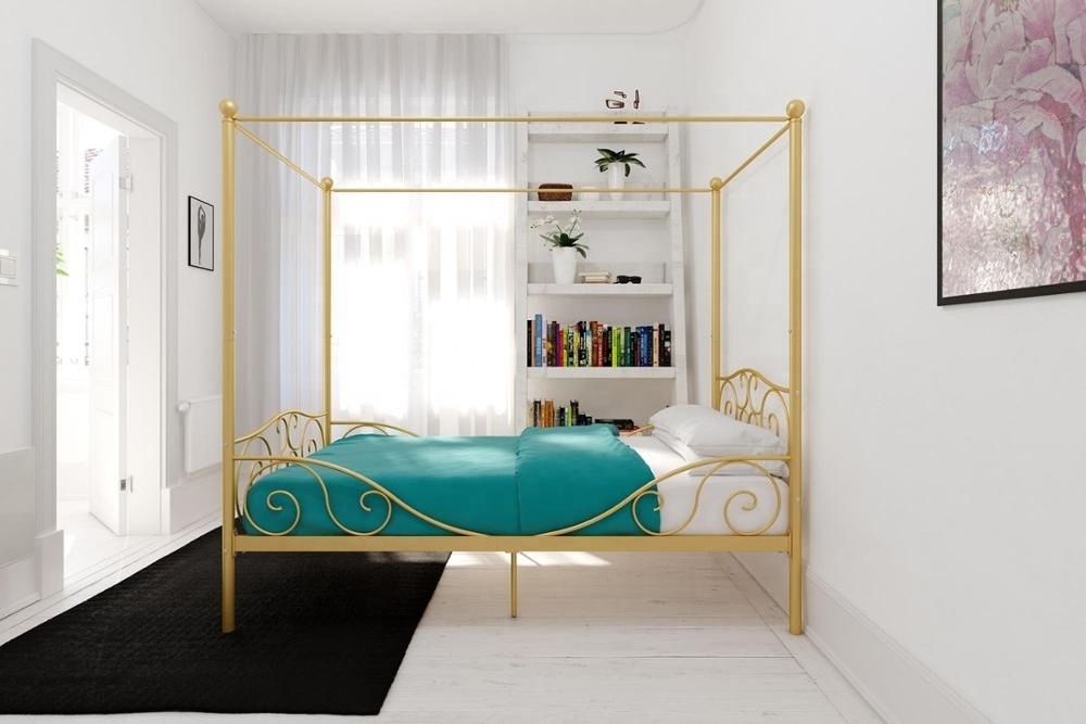 luxury adult metal princess canopy bed gold colour iron bed frame with four poster