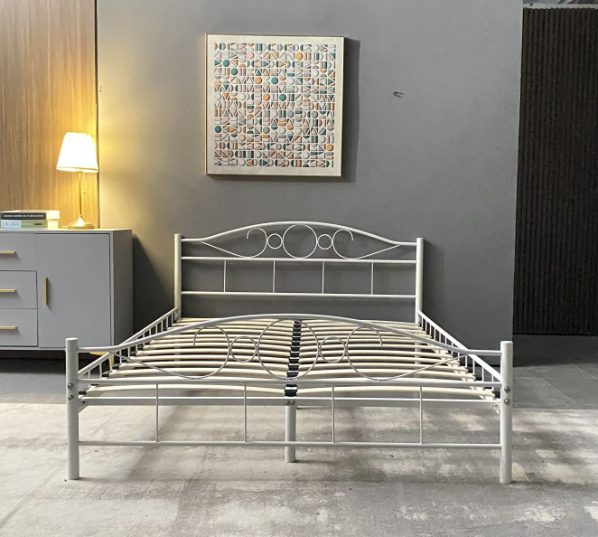 White Metal Bed, Twin Full Queen Size Metal bed, Metal loft bed frame for Bedroom Furniture