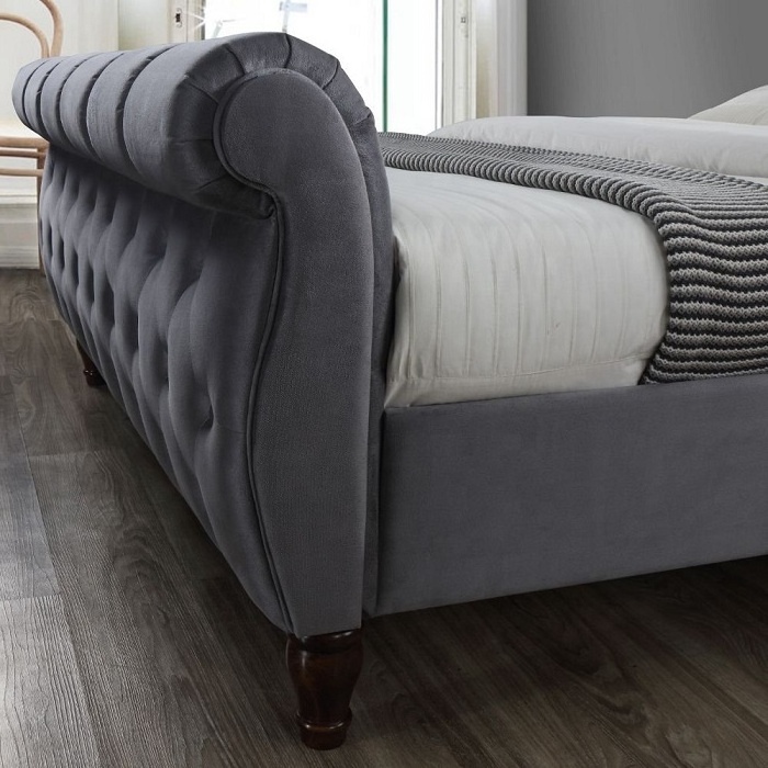 Rainhigh Grey Velvet Fabric Sleigh Bed Grey Fabric Modern Bed - 5ft UK King (150 x 200 cm) Frame bed