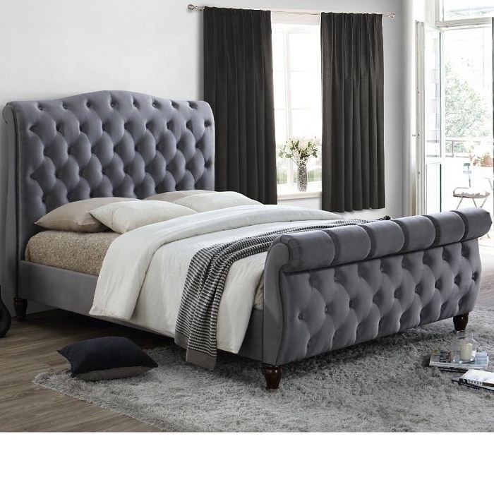 Rainhigh Grey Velvet Fabric Sleigh Bed Grey Fabric Modern Bed - 5ft UK King (150 x 200 cm) Frame bed