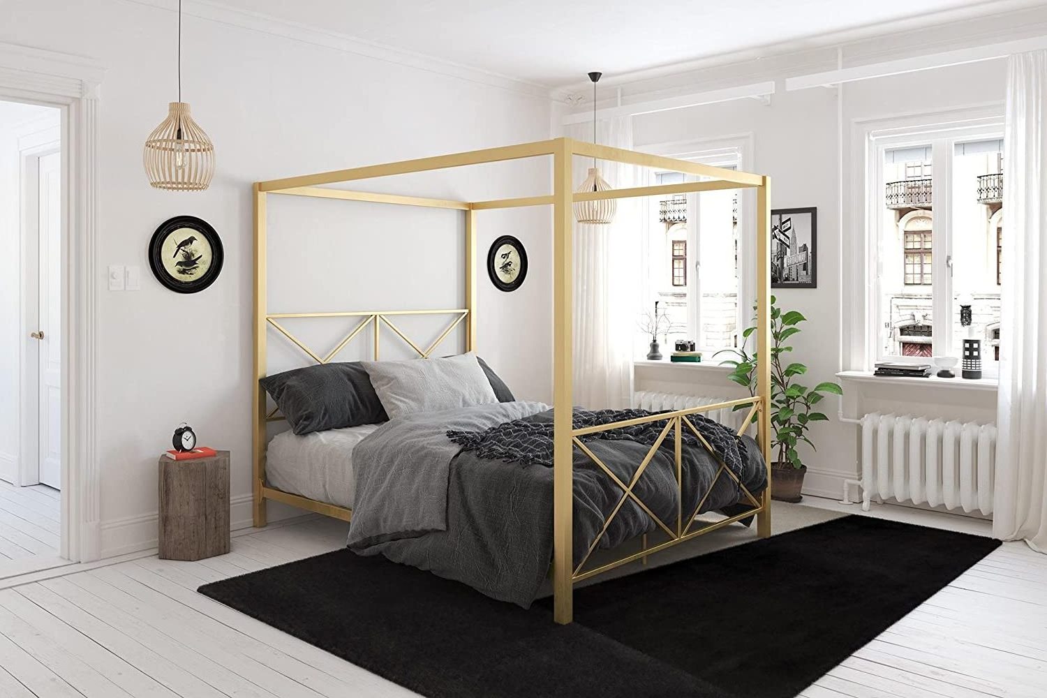 modern design queen size gold canopy bed with sturdy metal slats structure