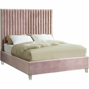 Chic Shabby Pink Velvet Platform Queen-King Size Bed modern fabric Upholstery Bed