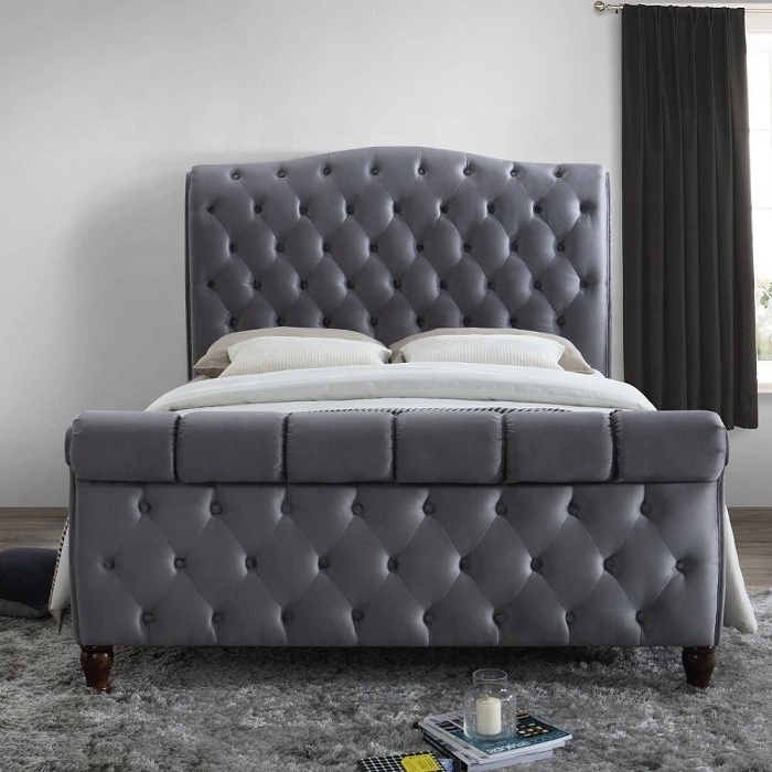 Rainhigh Grey Velvet Fabric Sleigh Bed Grey Fabric Modern Bed - 5ft UK King (150 x 200 cm) Frame bed