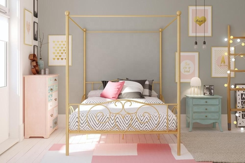 luxury adult metal princess canopy bed gold colour iron bed frame with four poster