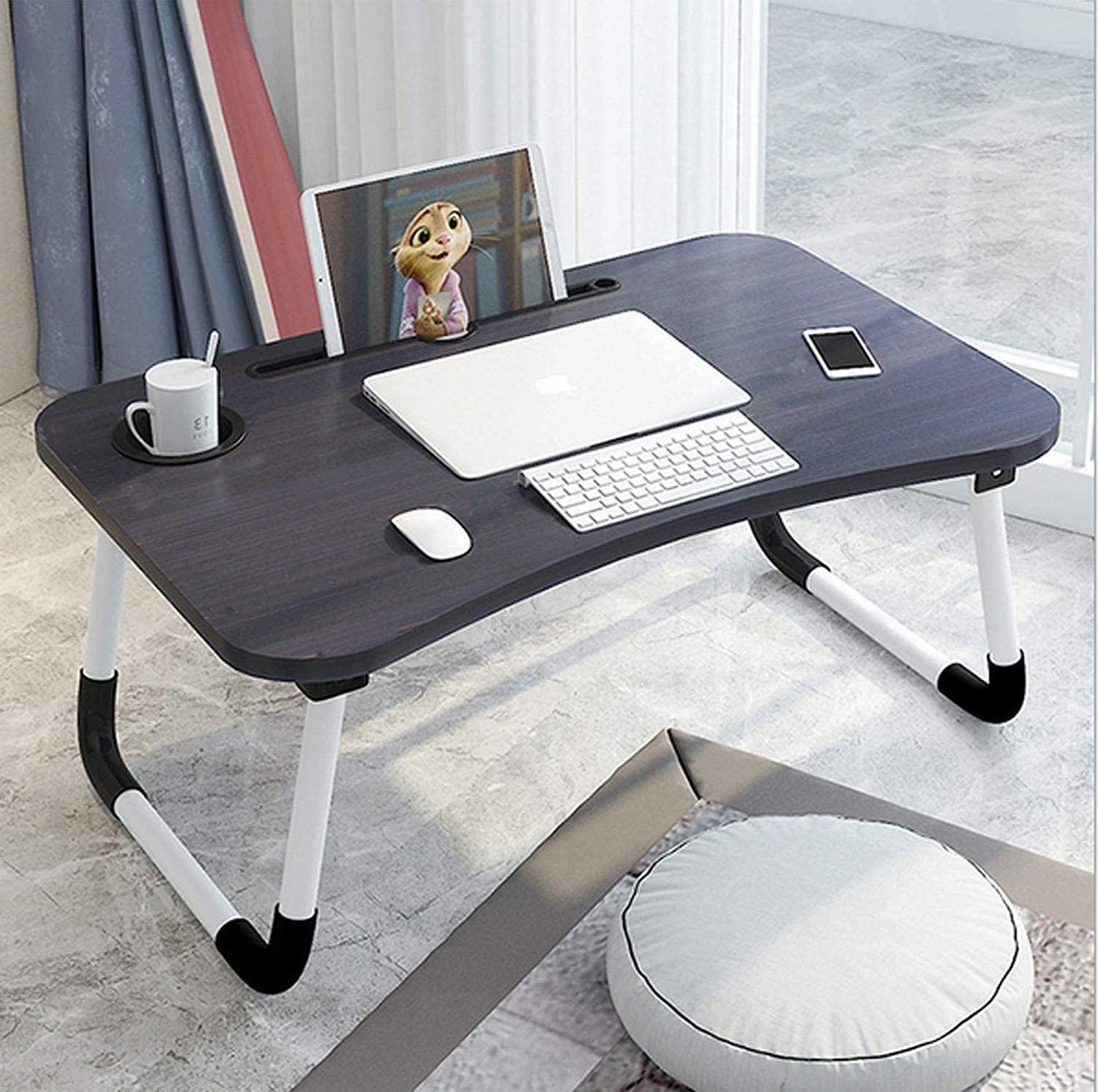 Foldable Laptop Stand Small Dormitory Table Breakfast Serving Bed Tray with Tablet Slots and Cup Holder