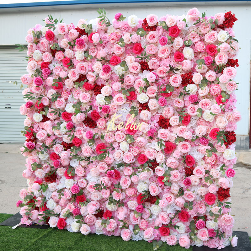 KE-WA016 Wholesale artificial pink flower wall backdrop 8ft x 8ft roll up rose wall flowers wall panel for wedding decoration