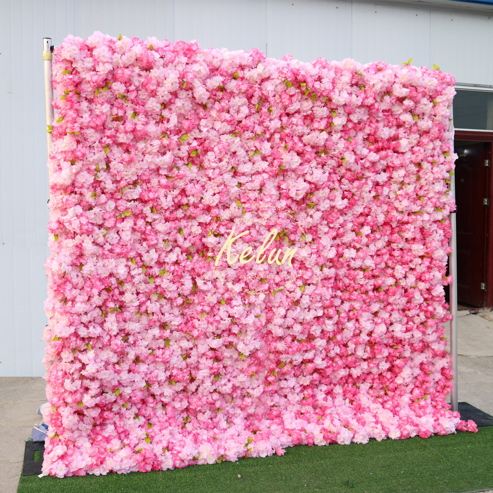 GJ-WA006 wholesales artificial silk pink cherry blossoms flower wall backdrop artificial flower panels for wedding decor