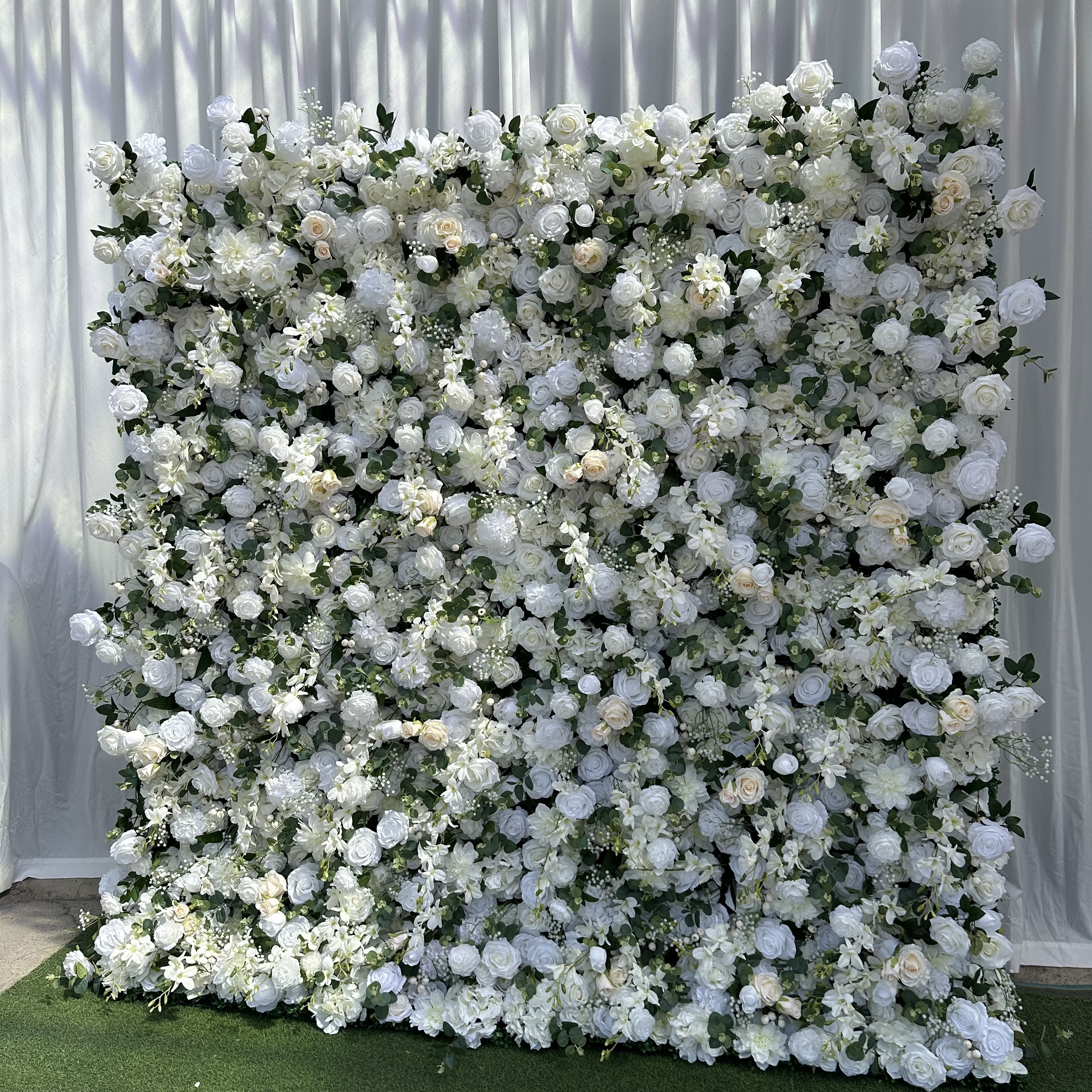 KL-WA105 Wholesale wedding artificial cloth back silk white rose 5d roll up flower wall backdrop 8ft x 8ft for event decor