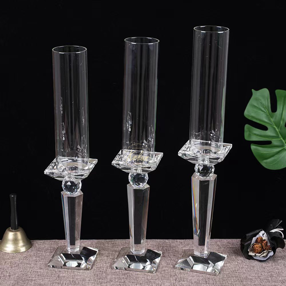 GJ-CH07-2  Wholesale Tall Cylinder Candle Holder Crystal Pillar Candlestick Set Of 3 Glass Candle Holder glass candle holder