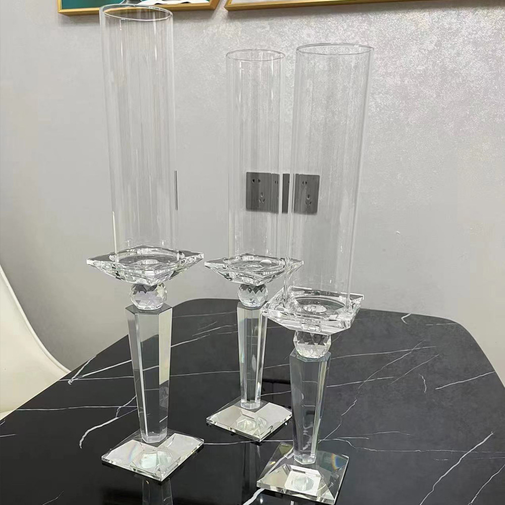 GJ-CH07-2  Wholesale Tall Cylinder Candle Holder Crystal Pillar Candlestick Set Of 3 Glass Candle Holder glass candle holder