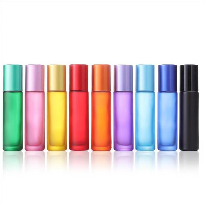 10ml matte  rainbow colors glass roll on bottle with clear holder steel roller and aluminium  cap