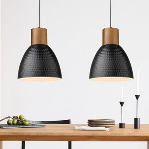 Solid Wood & Metal Shade Hammered Hanging Lamp Modern Pendant Light Fixtures for Kitchen Island Bar Dining Room Bedroom