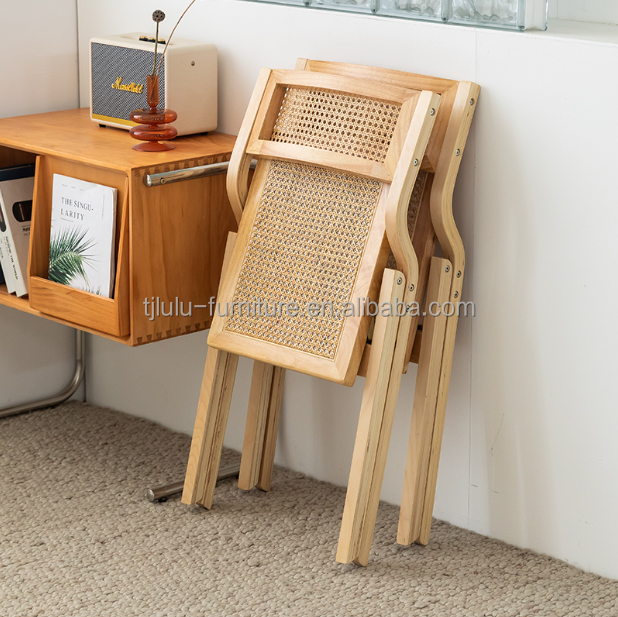 Wholesale Designers Wooden Chair Rattan Seat Back Home mid century folding cane Dinning hotel chair