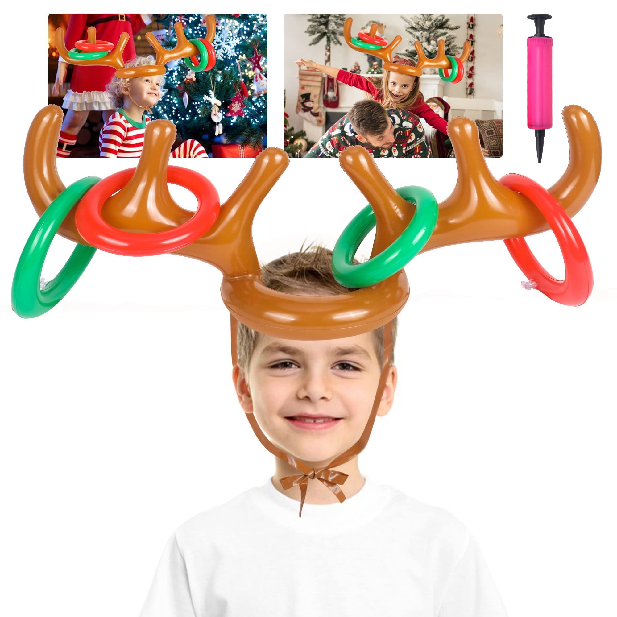 PVC INFLATABLE CHRISTMAS DEER POOL FLOATING RING TOSS GAME WITH CUSTOMIZE DEER HEAD WEARING