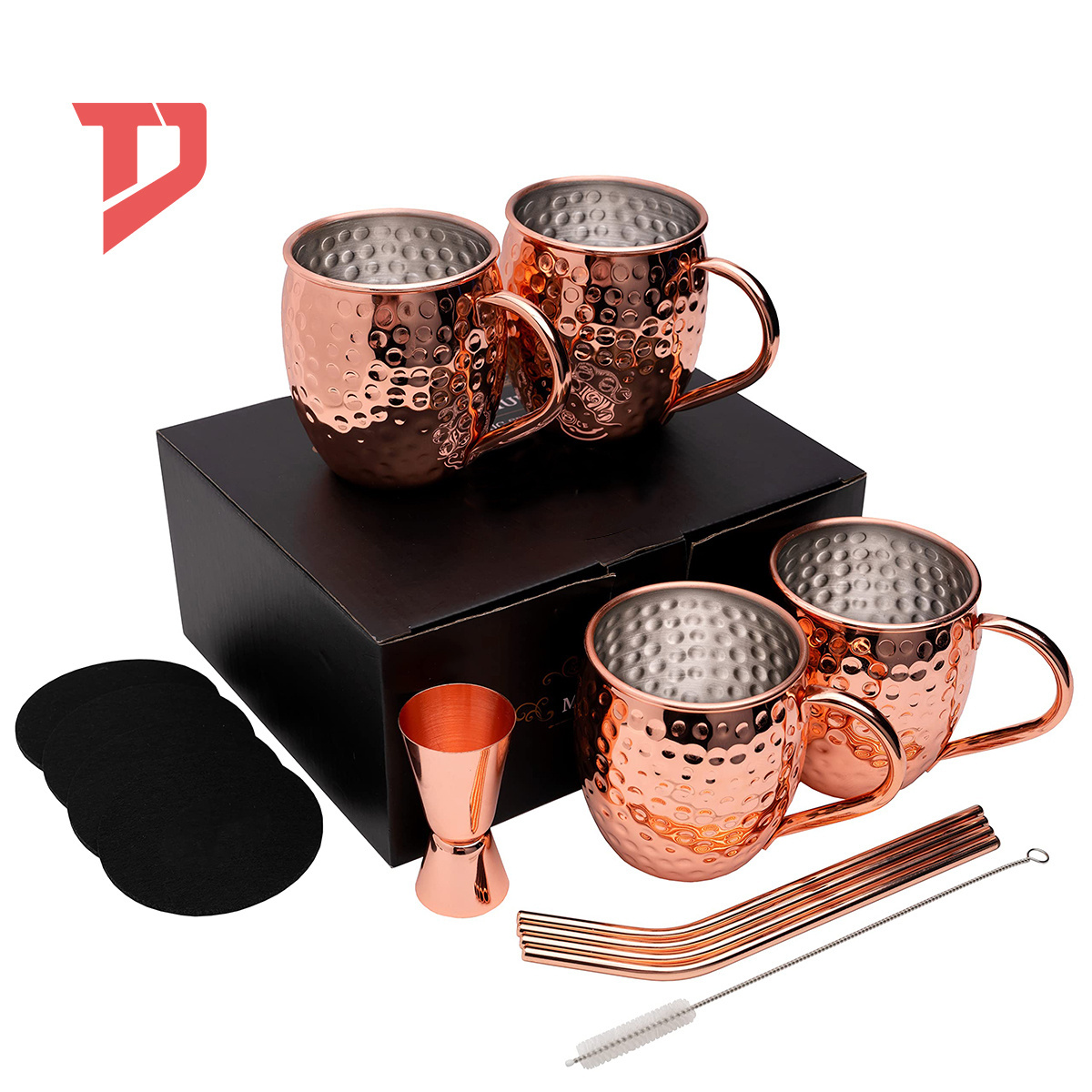 Custom Copper Plated Cocktail Coffee Cups Stainless Steel Moscow Mule Mug Set of 4 with Silicone Coasters Straws Jigger