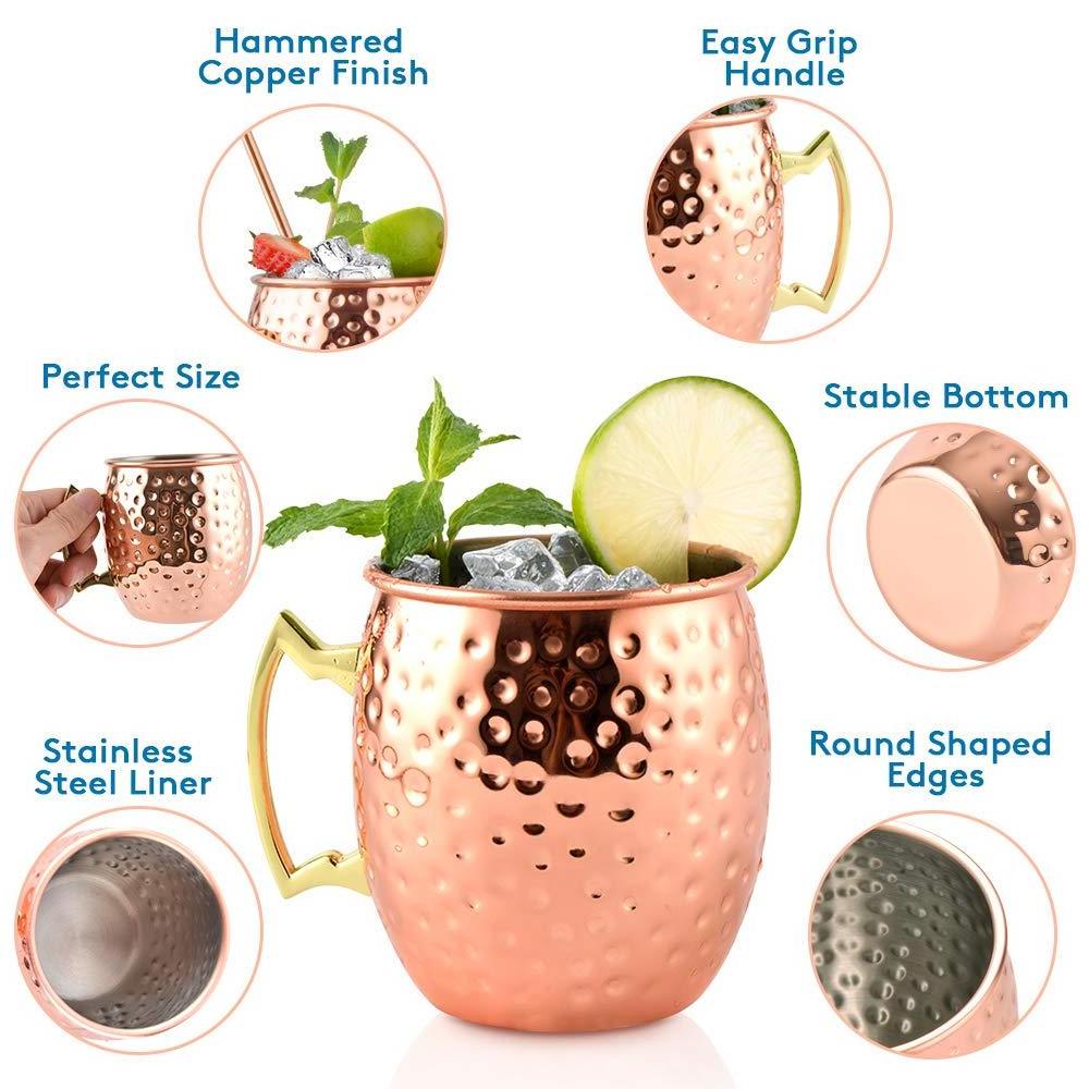 Custom Copper Plated Cocktail Coffee Cups Stainless Steel Moscow Mule Mug Set of 4 with Silicone Coasters Straws Jigger