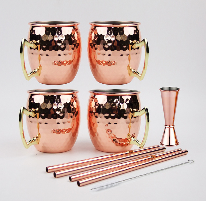 Custom Copper Plated Cocktail Coffee Cups Stainless Steel Moscow Mule Mug Set of 4 with Silicone Coasters Straws Jigger