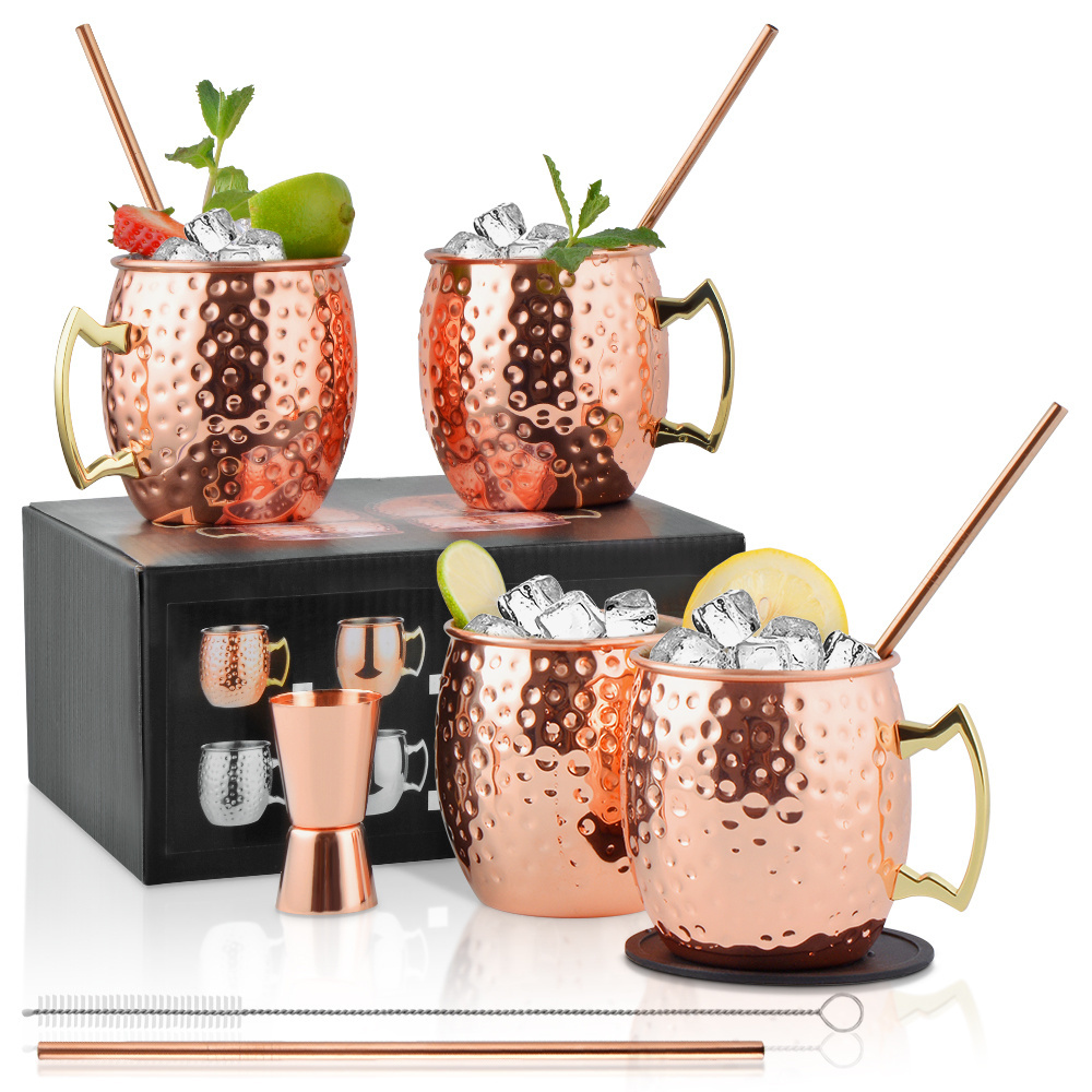 Custom Copper Plated Cocktail Coffee Cups Stainless Steel Moscow Mule Mug Set of 4 with Silicone Coasters Straws Jigger