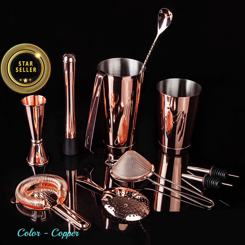 Custom Logo Metal Bar Tools Gift Barware Silver Rose Gold Copper Stainless Steel Boston Cocktail Shaker Set Bartender Kit