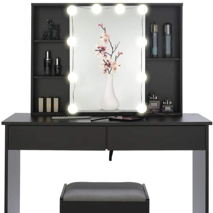 Large Vanity set with LED Lights & Mirror, Makeup Tables with 5 Shelves, Dressing Vanity Table with 2 Large Drawers