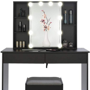 Large Vanity set with LED Lights & Mirror, Makeup Tables with 5 Shelves, Dressing Vanity Table with 2 Large Drawers