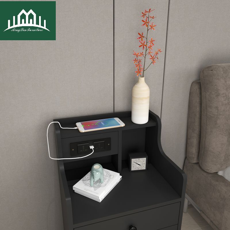 High Quality European simple Smart black Wood three Drawers Charging Night Stand Bedside Table With Usb For Bedroom