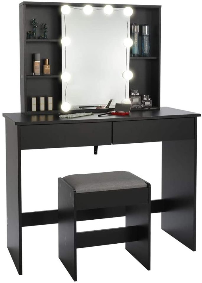 Large Vanity set with LED Lights & Mirror, Makeup Tables with 5 Shelves, Dressing Vanity Table with 2 Large Drawers