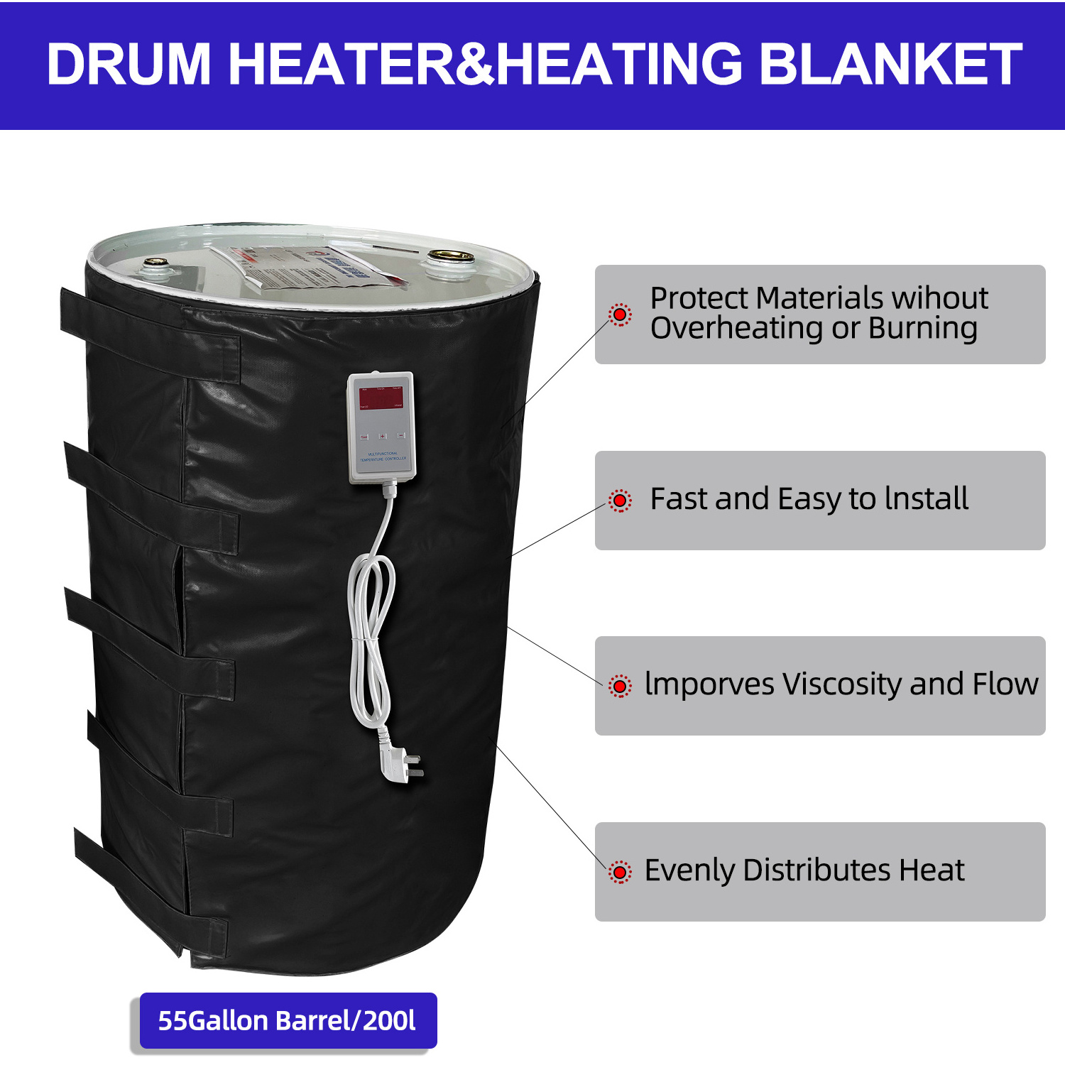 Manufacturer Best Selling insulation belt thermostat heater 55 Gallon drum heater electric thermal heater jackets for drum