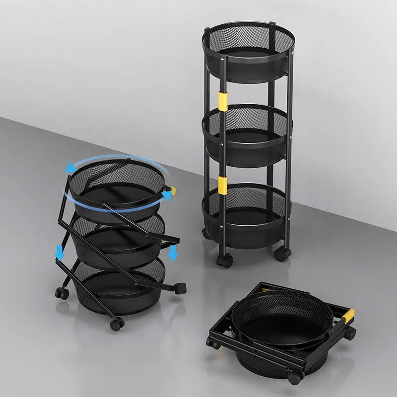 Multifunctional 3 Tier Rolling Organizer Folding Kitchen Utility Storage Rack Trolley for Bathroom