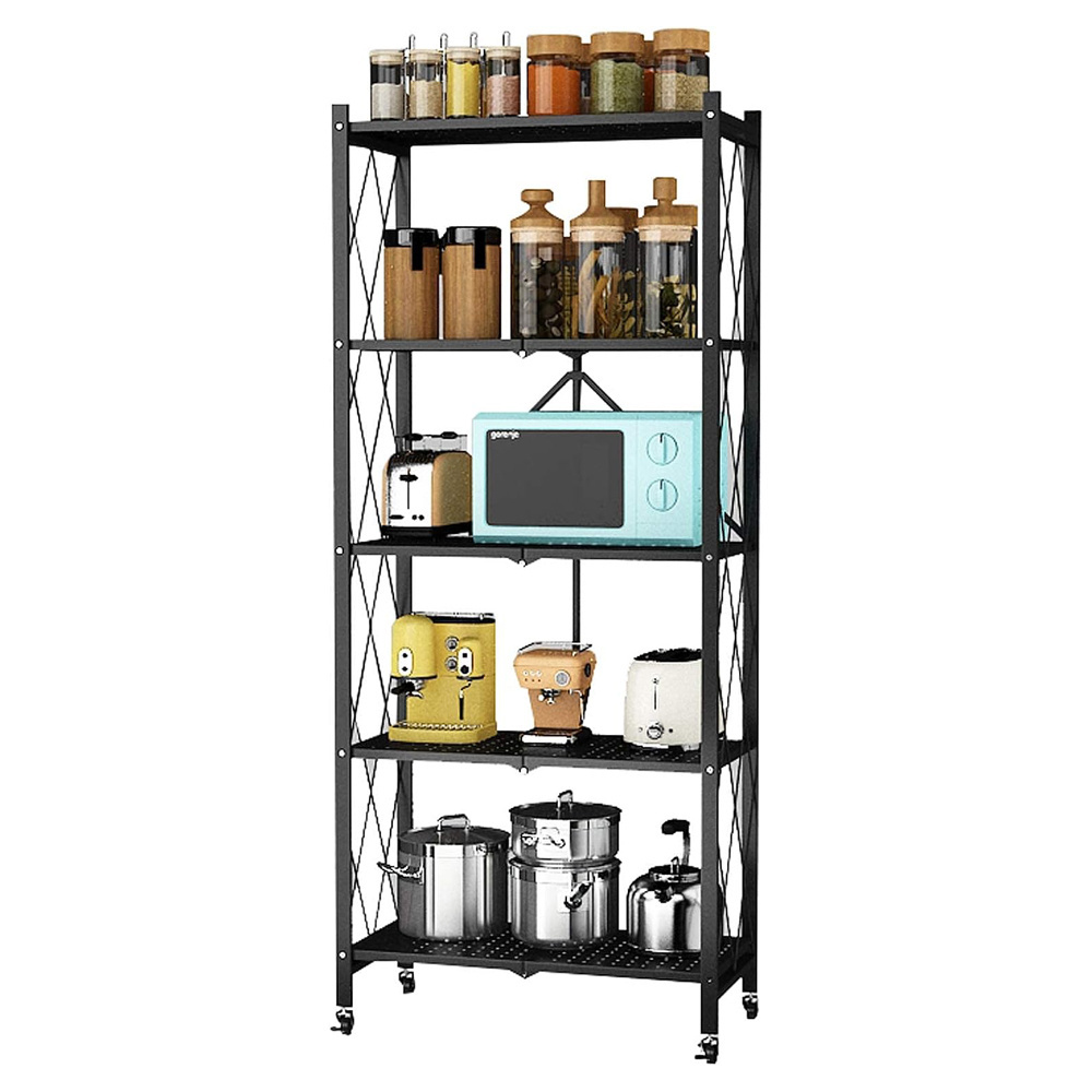 Customized Standing Installation Book Shelf Black Powder Coated Metal Iron Home Kitchen 5 tier Foldable Storage Racks Shelves