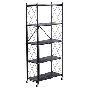 Customized Standing Installation Book Shelf Black Powder Coated Metal Iron Home Kitchen 5 tier Foldable Storage Racks Shelves