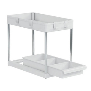 Home Storage 2-Tier Organizer Under Sink Plastic Shelf Rack for Kitchen and Bathroom