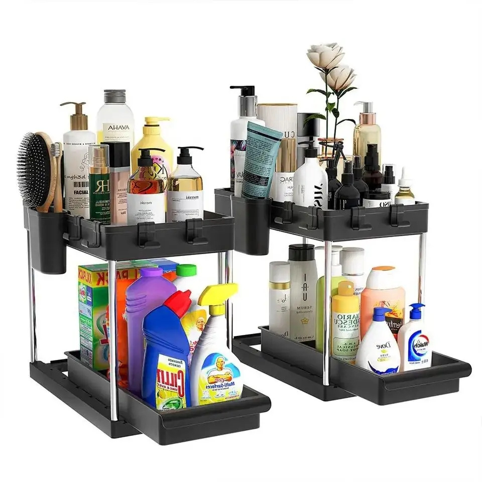 Home Storage 2-Tier Organizer Under Sink Plastic Shelf Rack for Kitchen and Bathroom