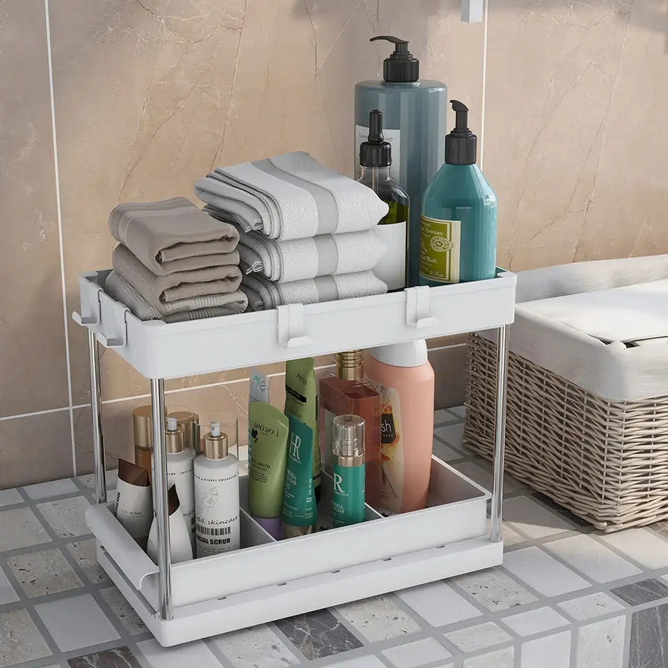 Home Storage 2-Tier Organizer Under Sink Plastic Shelf Rack for Kitchen and Bathroom